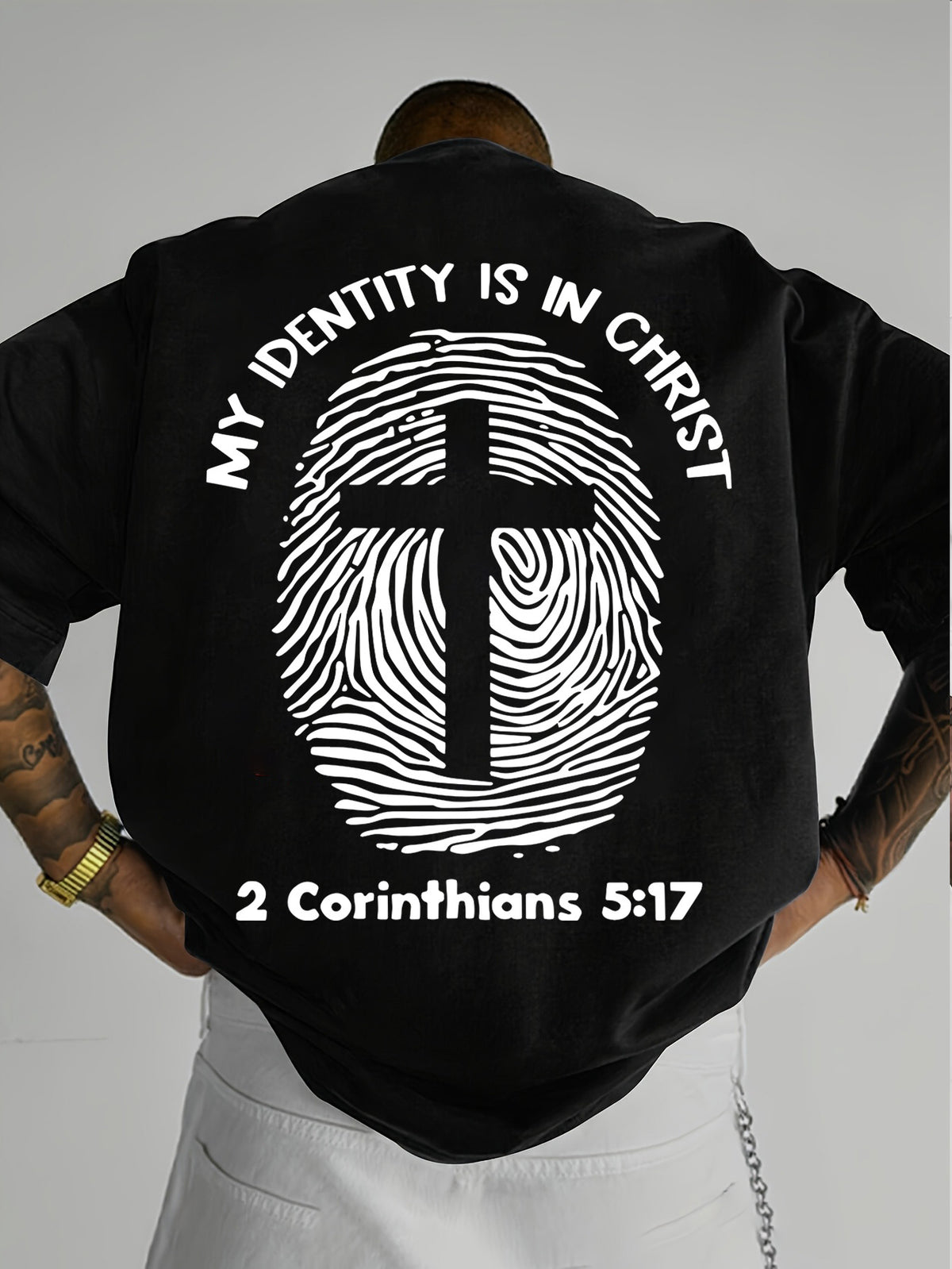 Minimalist Trendy Men's Christian Identity Fingerprint Cross Print Short-Sleeve T-Shirt for Daily Casual Commuting