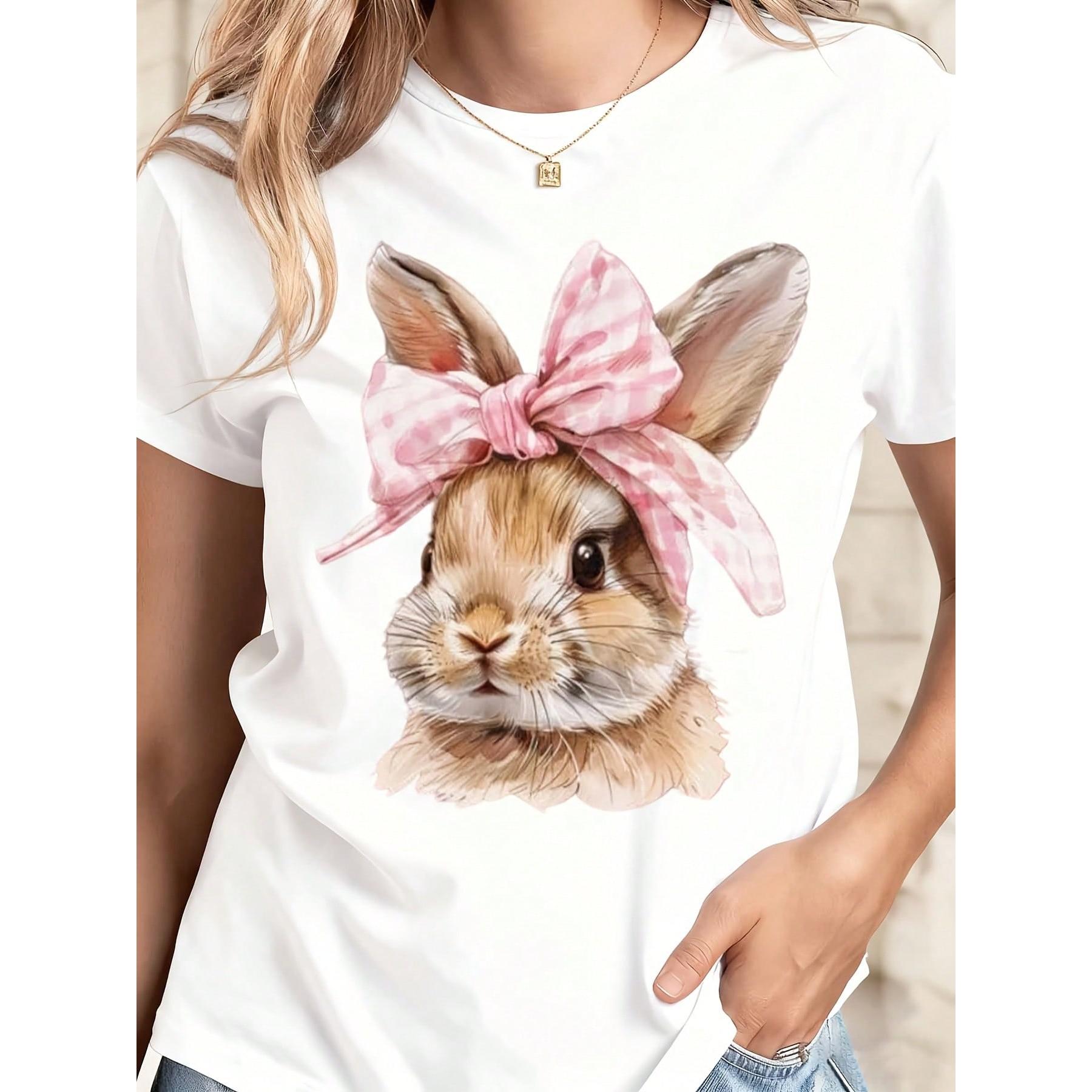 Cute Rabbit Print T-Shirt White Bunny With Pink Bow Spring And Easter Outfit For Women Casual Wear