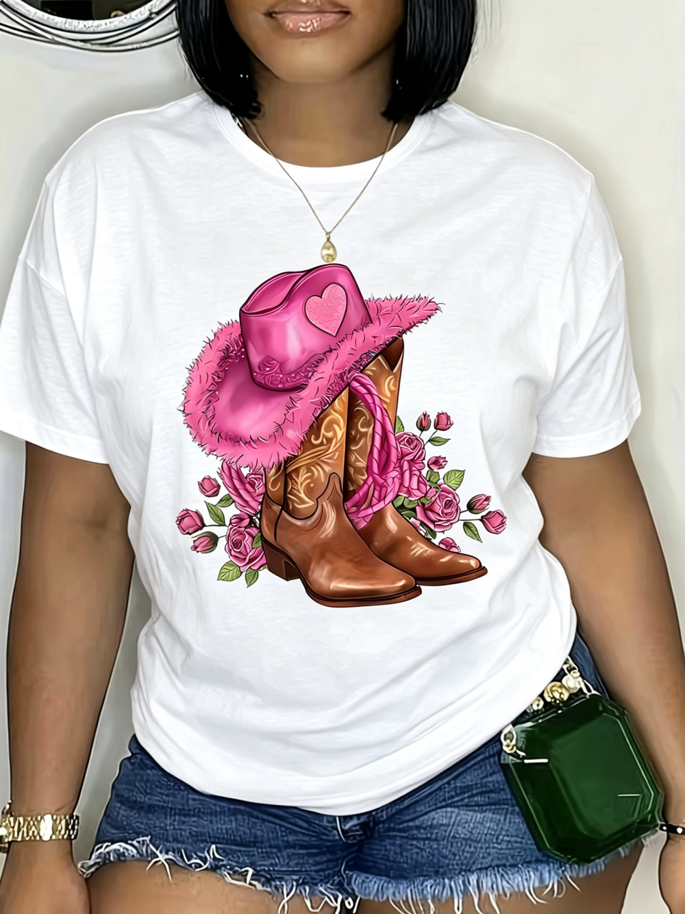 Women's Crew Neck Graphic T-Shirt, Pink Cowgirl Hat Boots with Roses Western Country Short Sleeve Casual Tee