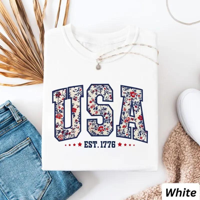 USA Est 1776 Shirt,  USA 250 Anniversary Shirt, Girly 4th of July Shirt, Independence Day Tee, USA Flag 4th of July Gift, Celebrate Our 250th Anniversary Tee, Patriotic Women Shirt, Flower USA Shirt