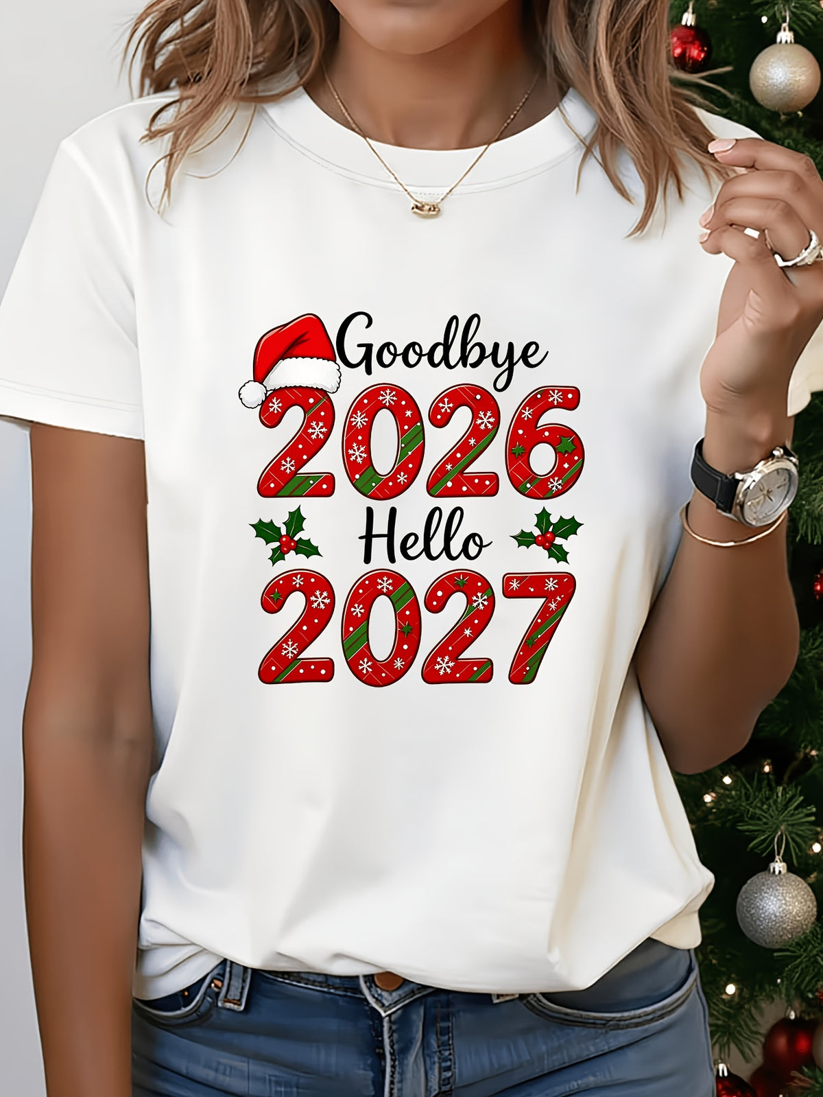 Goodbye 2026 Hello 2027 English Print Short Sleeve Women's T-Shirt, Casual Loose White, Versatile Basic Style