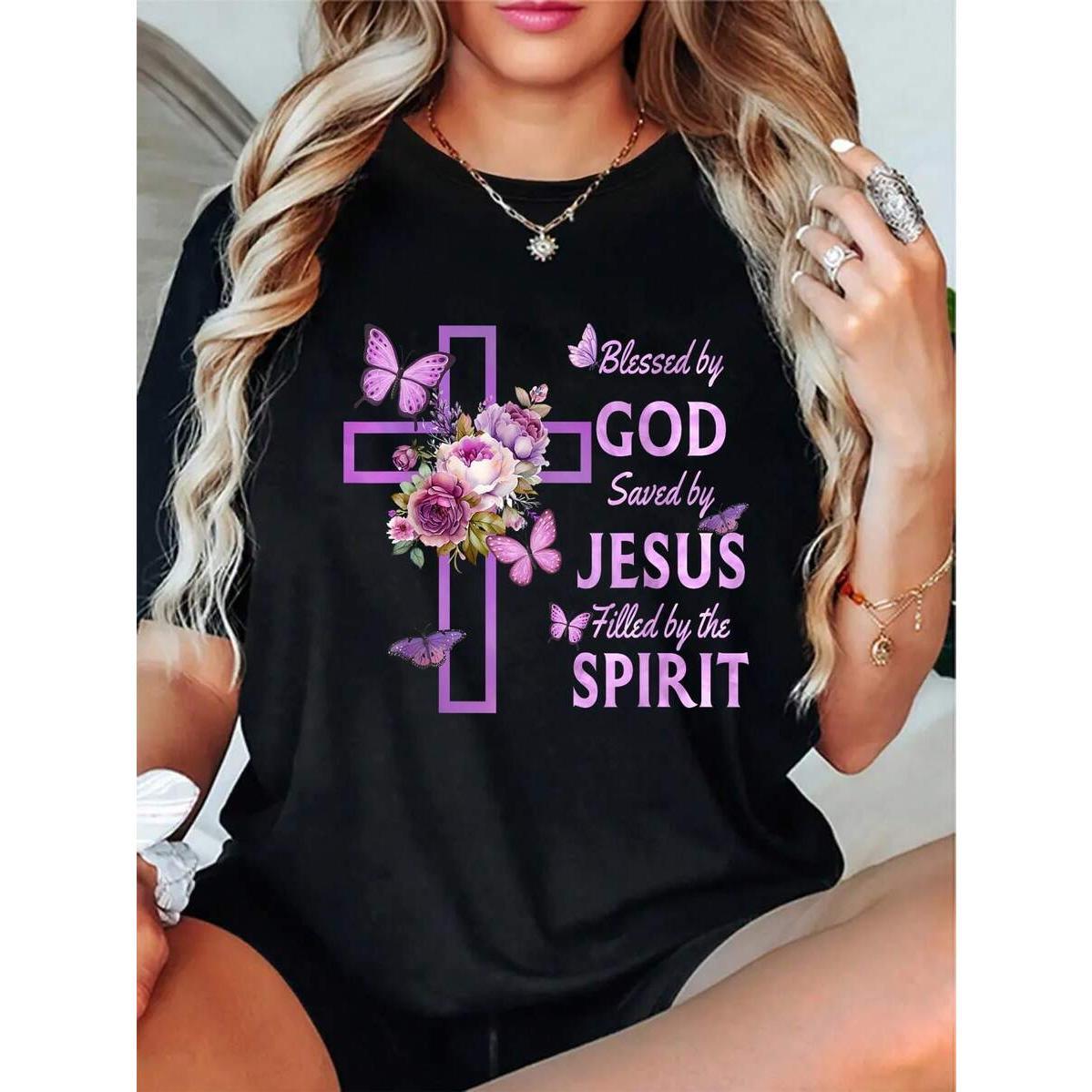 100% Cotton Casual Tshirt By God Saved By Jesus Purple Floral Cross Christian T-Shirt