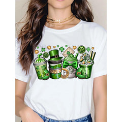 Women Casual T-Shirt White St Patrick Day Coffee Cup And Leprechaun Hat Design For Festival Celebration