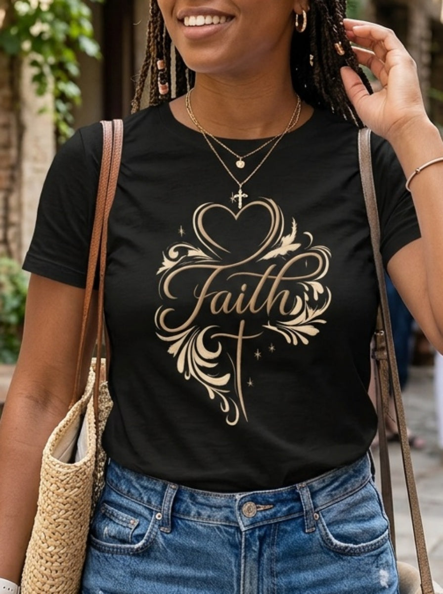 Faith T-Shirt Women Elegant Cross Heart Floral Christian Tee