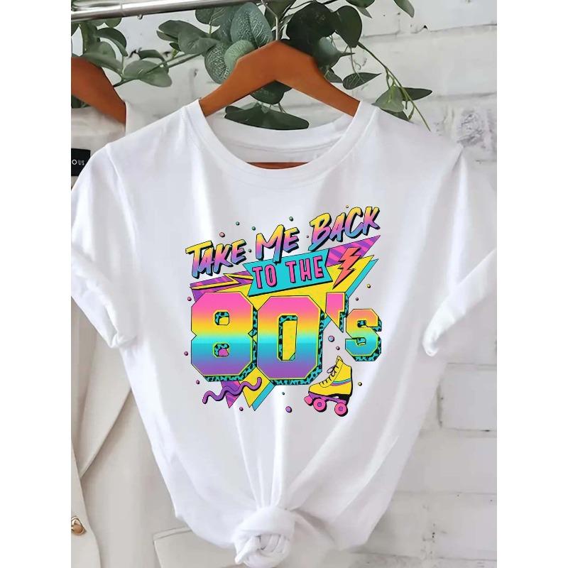 Back To The 80s, Vintage StyleGraphic Print Tshirt, Short Sleeve Crew Neck Casual Top for Summer Spring, Women's Clothing