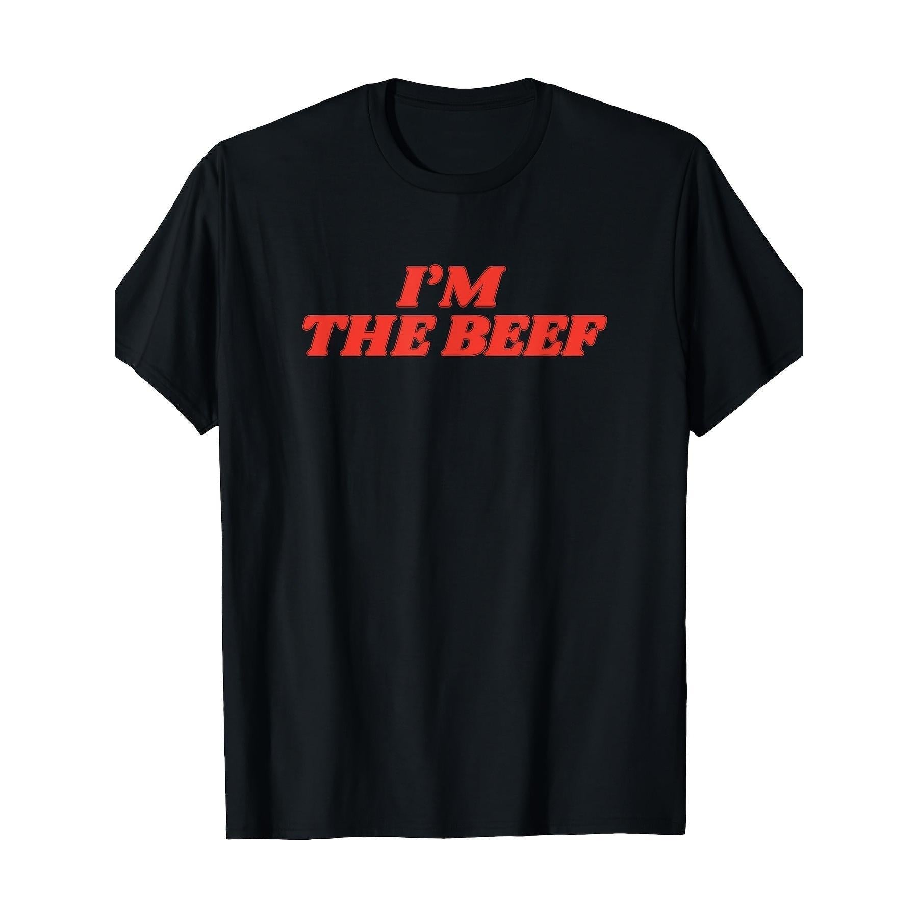 Menswear "I'm The Beef" Graphic T-Shirt, Elegant Casual Streetwear Cotton Top, Moisture-Absorption Regular Fit Short-Sleeve Round Neck Tee