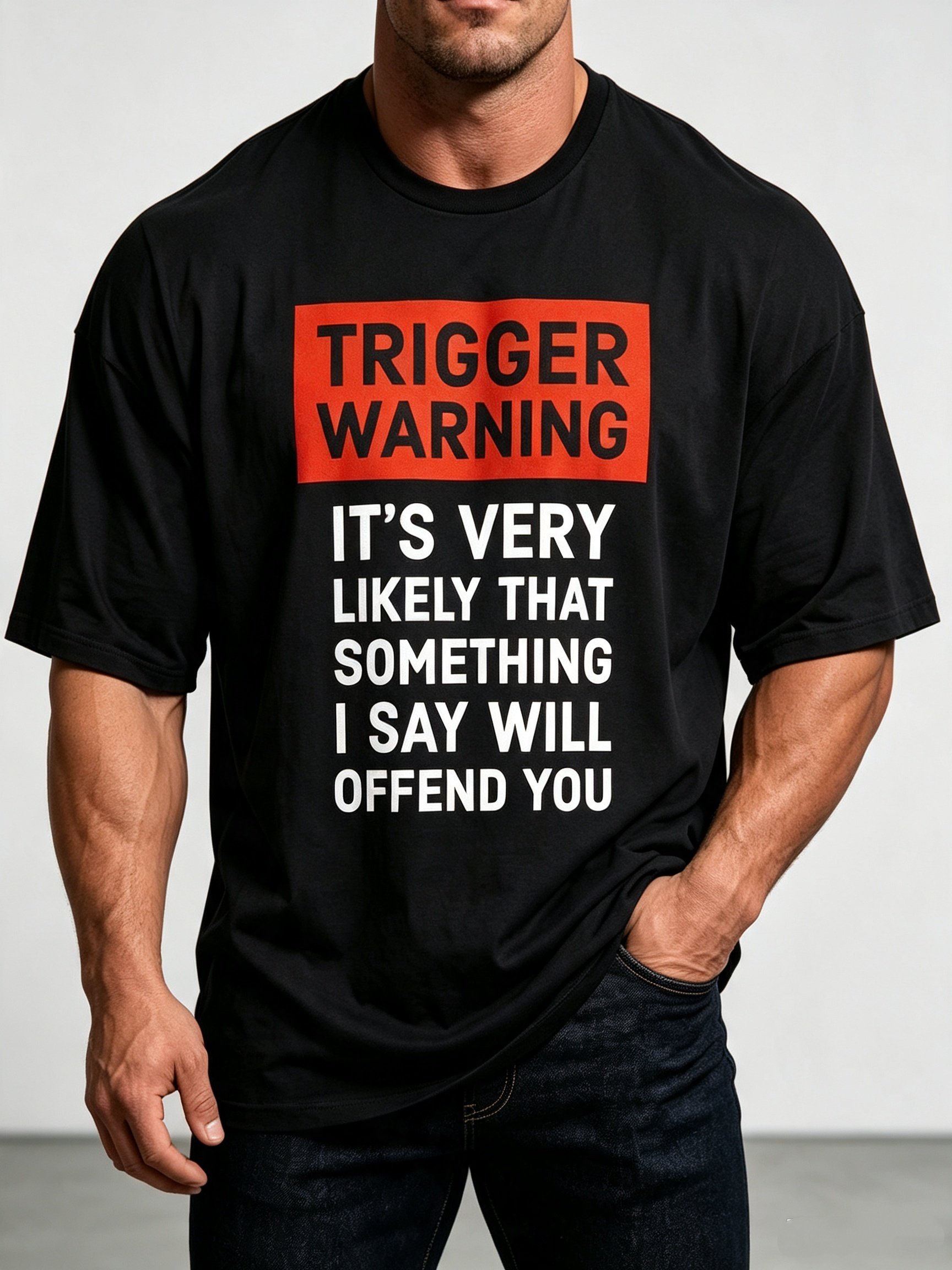 Men's Funny "TRIGGER WARNING" Full-Body Print T-Shirt - Humorous Sarcastic Novelty Tee For Parties, Casual Attire & Year-Round Comfort | Relaxed Fit