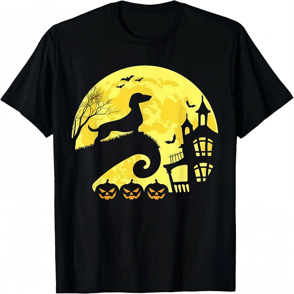 Unisex Crew Neck Graphic T-Shirt, Halloween Dachshund Full Moon Haunted House Pumpkin Bat Short Sleeve Casual Tee