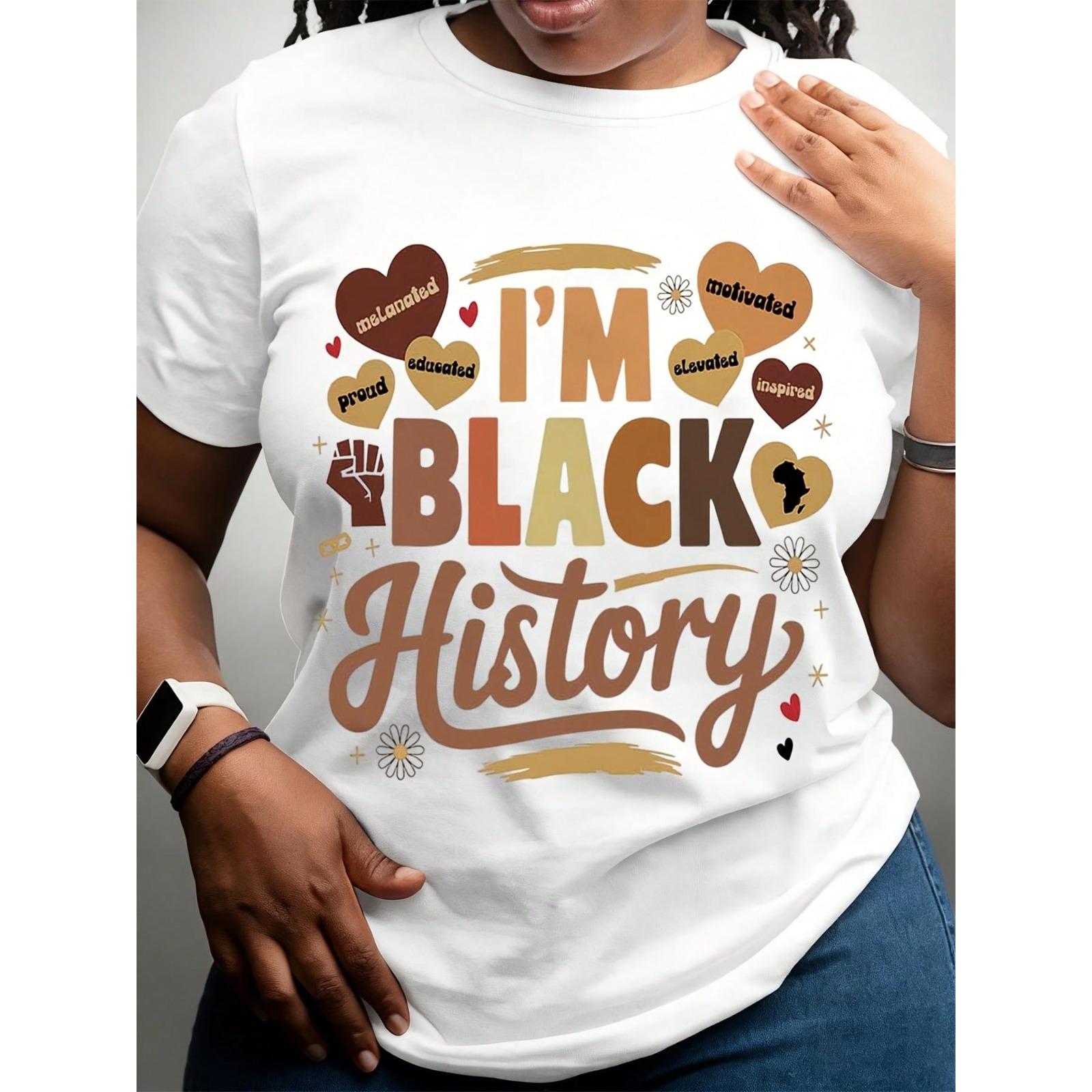 Women's Black History Long Sleeve Crew Neck T-Shirt - I'm Black History Graphic With Heart & Lightning Design, White Polyester Casual Top For Fall & Winter, Everyday Tshirt  Crew Neck Top  Polyester Fabric