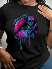 Neon Drip Lips Skull Crossbone Graphic T-Shirt, Women's Retro Colorful Skeleton Lip Art Short Sleeve Tee