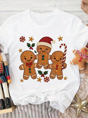 Women's Christmas Gingerbread Man Graphic T-Shirt Cute Candy Cane Holly Star Holiday Casual Winter Tee
