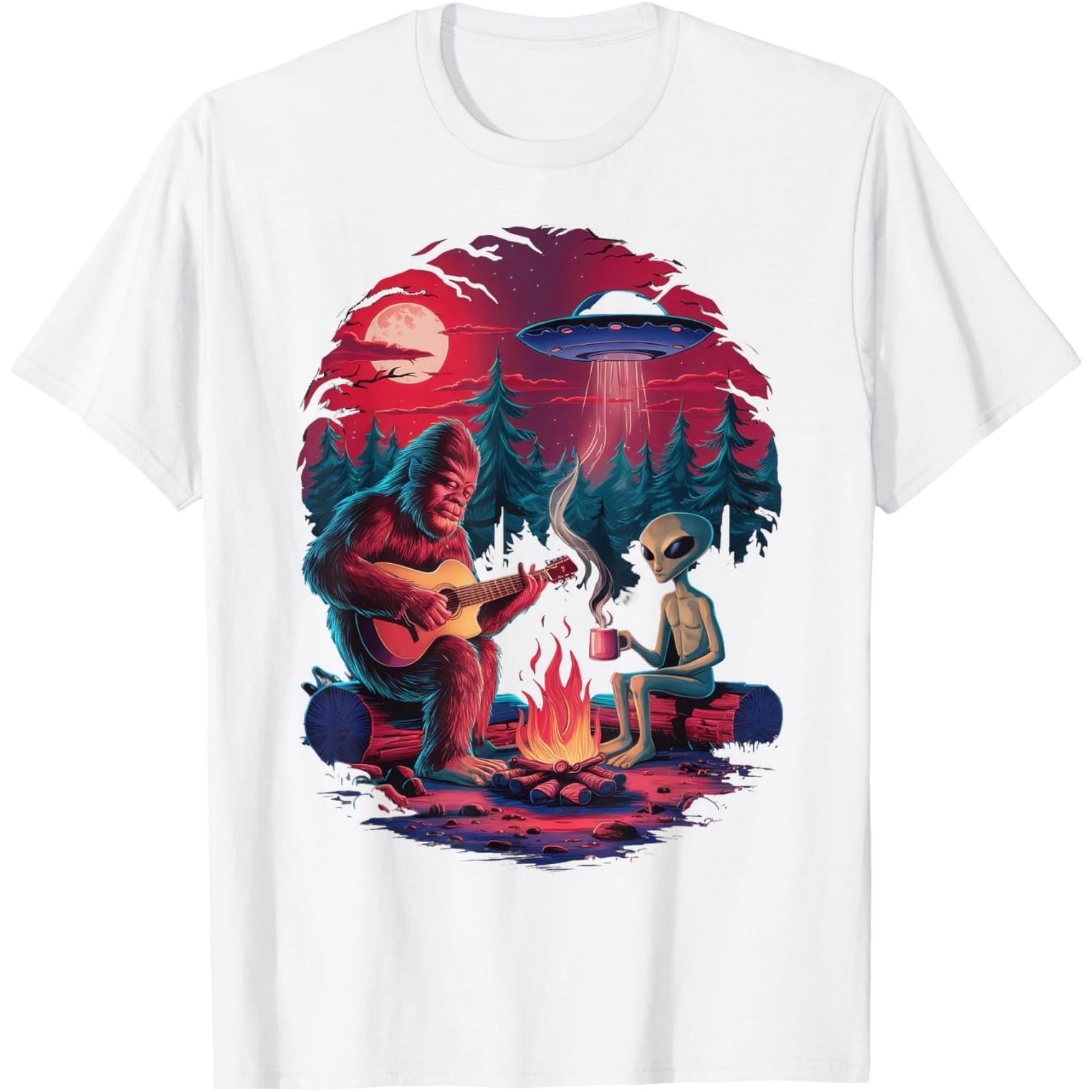 Alien and Bigfoot Campfire UFO Adventure Funny Hiking Unisex T-Shirt