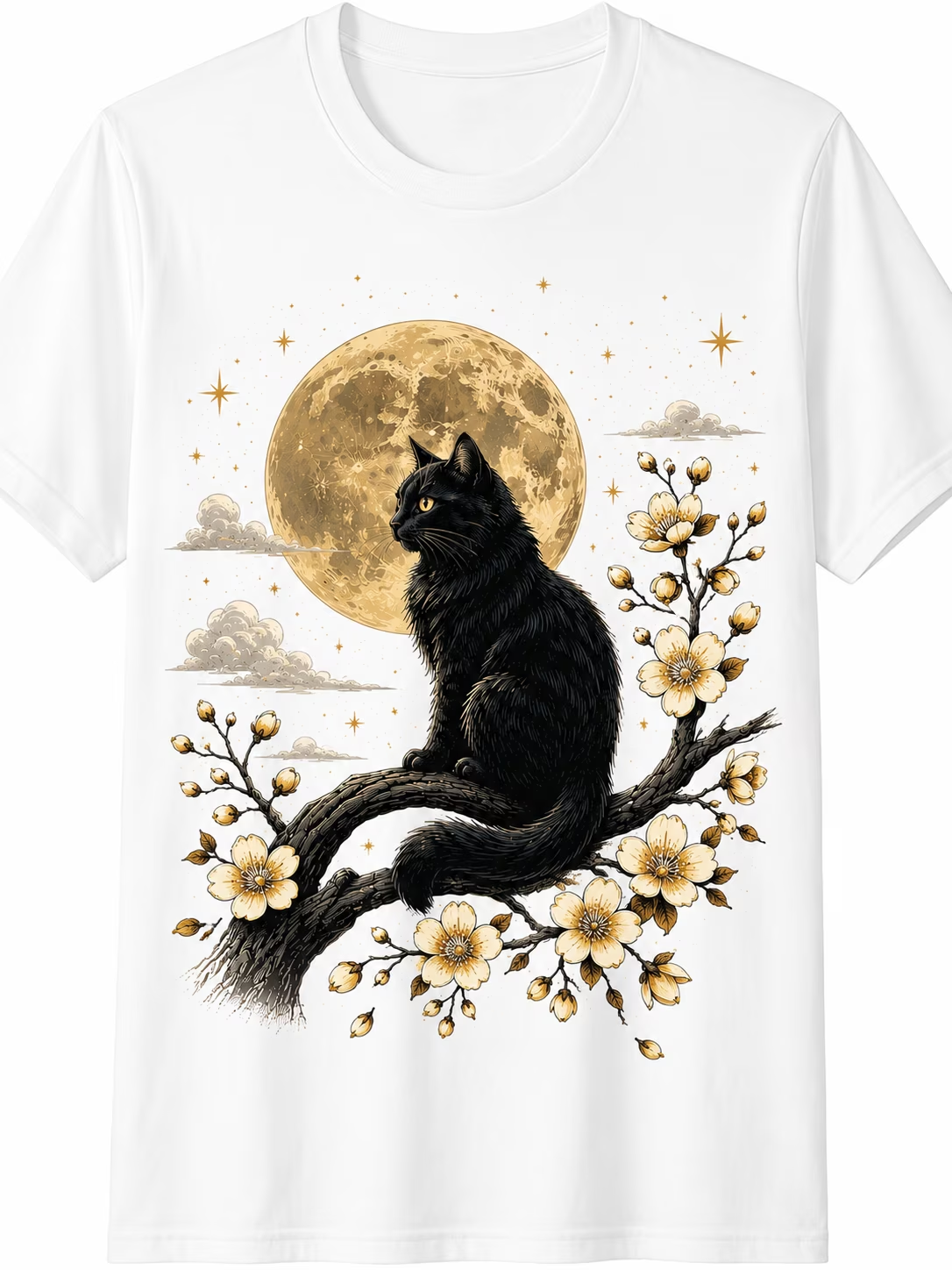 Women's Vintage Black Cat Moon Graphic T-Shirt Floral Night Sky Casual Crew Neck Short Sleeve Tee