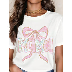 Mother's Day Mama Bow T-Shirt Pink Floral Design Women's Casual Top Gift For Mom