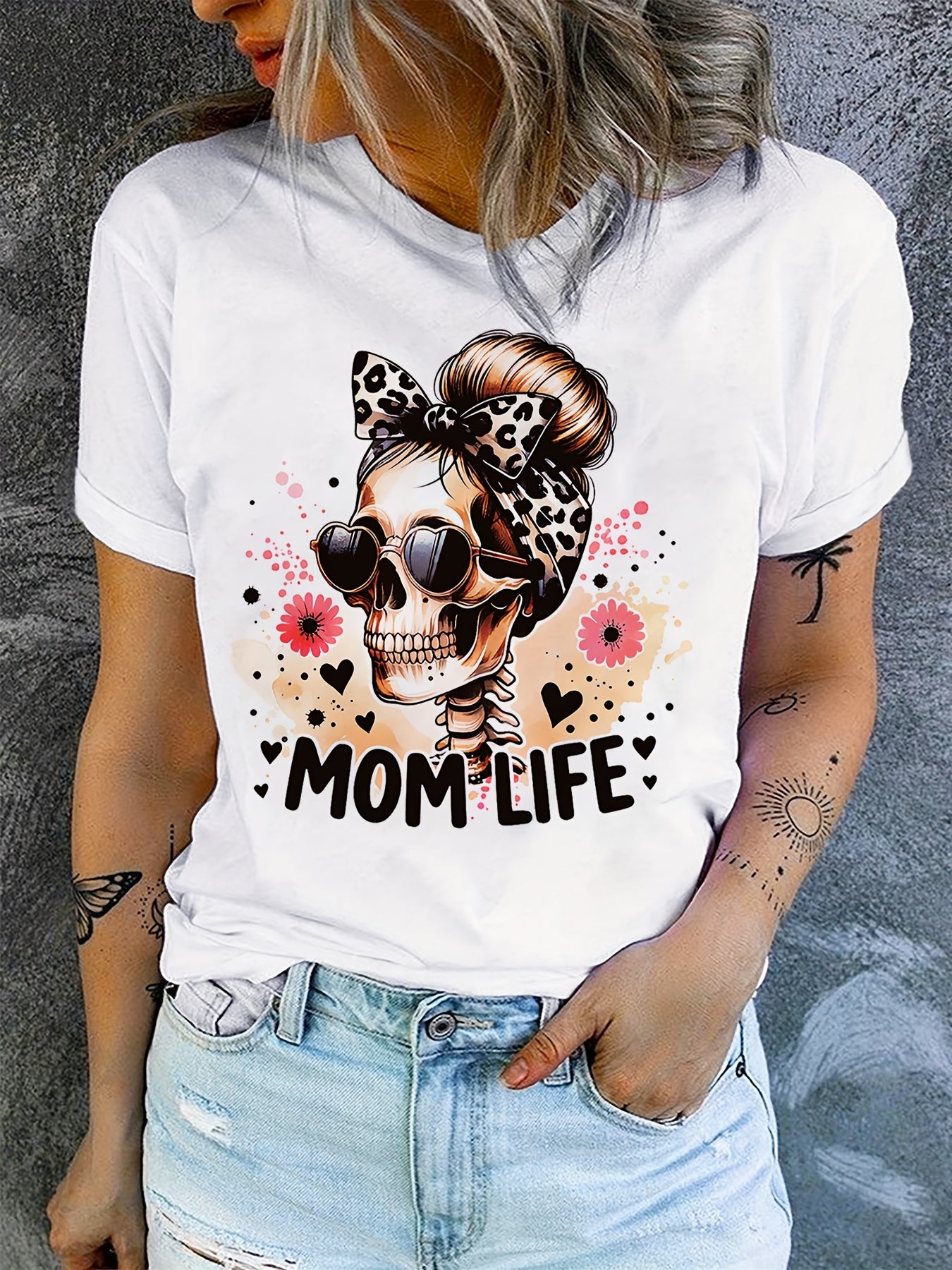Mom Life Shirt, Leopard Skull Messy Bun Graphic Tee