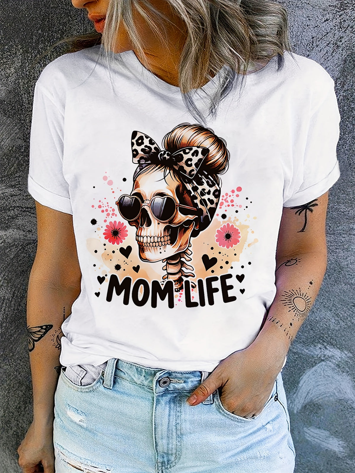 Mom Life Shirt, Leopard Skull Messy Bun Graphic Tee