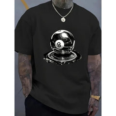 Billiards No. 8 Pattern T-Shirt | Black White Print Casual - Comfortable Loose Daily Top, Suitable for Parties, Game Nights and Casual Wear - Machine Washable Crew Neck, Summer Essential, Fashion Design, Durable Material