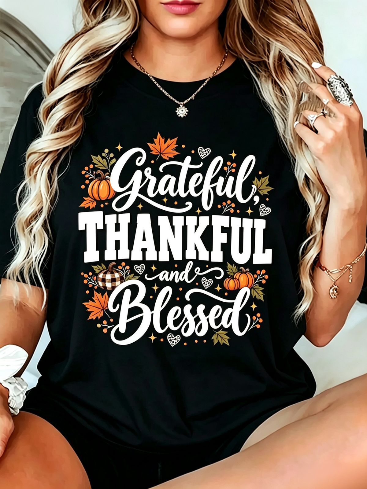 Women'S Fall T-Shirt With Grateful-Thankful-Blessed Print, Featuring A Round Neck And A Casual, Elegant