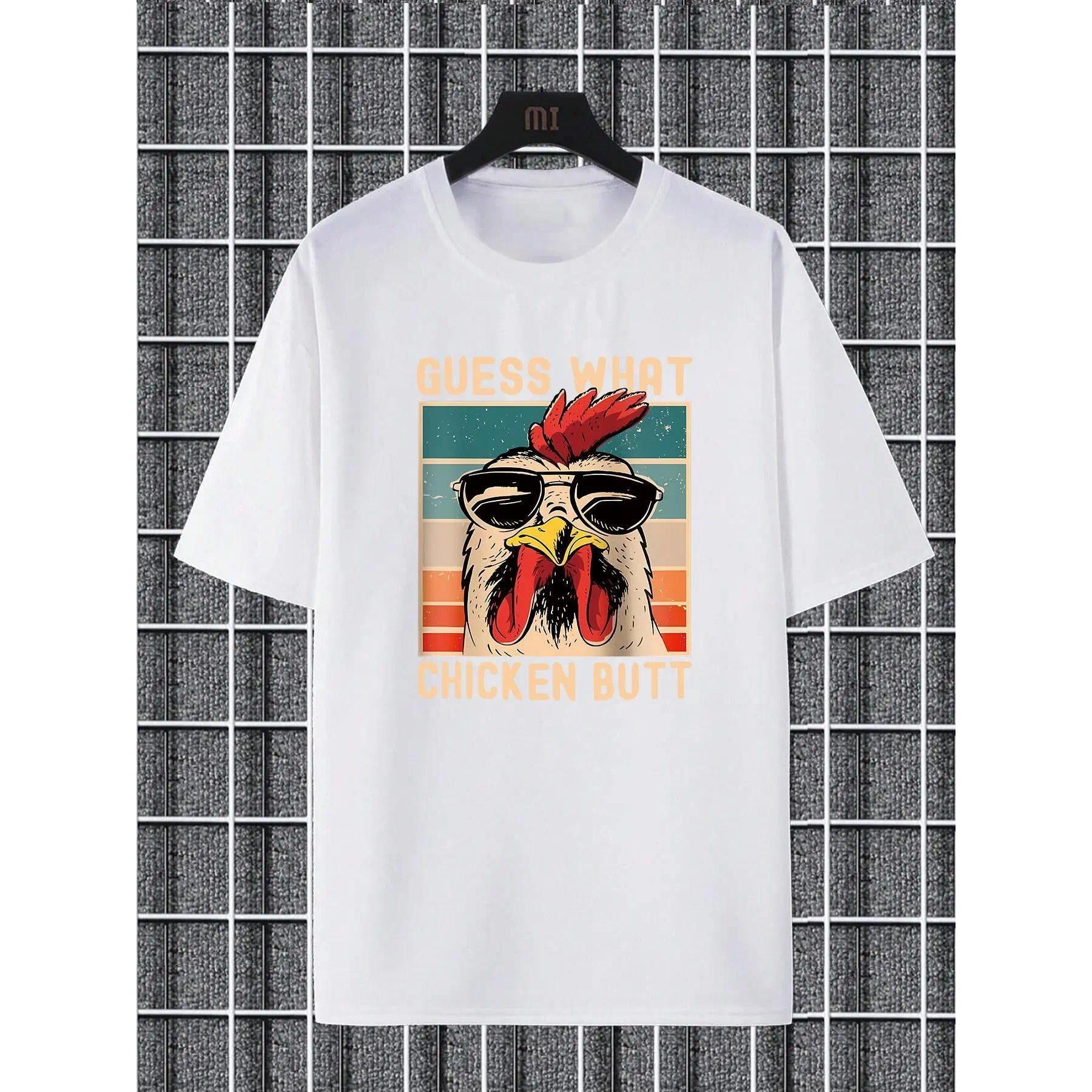 Men's Regular Fit Letter & Chicken Print Round Neck Tee, Summer Clothes Casual Soft Comfortable Short Sleeve T-shirt For Daily Wear, Men's Top For Summer, Casual Matching Clothing