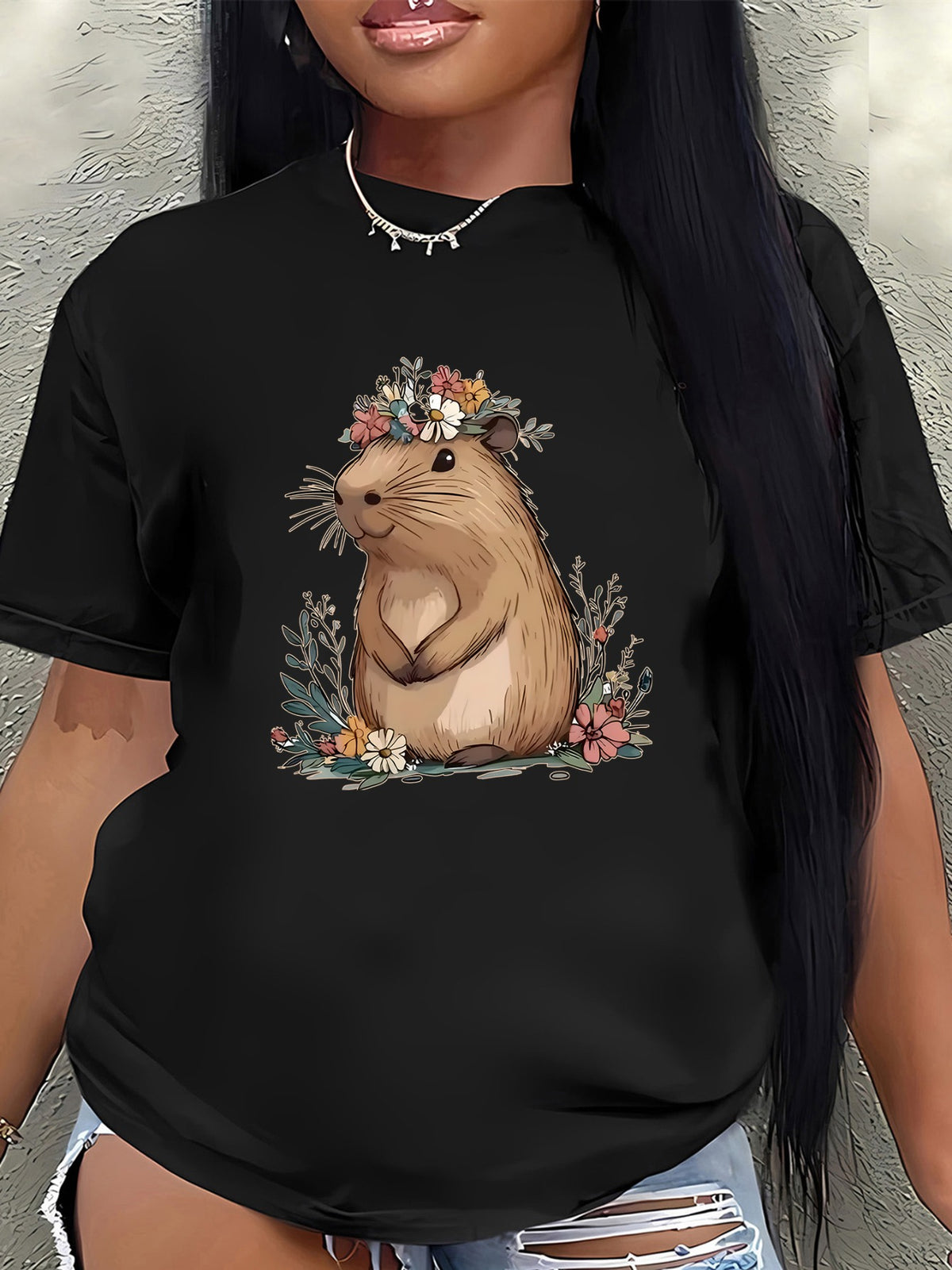 Polyester Short Sleeve T-Shirt with Adorable Floral Guinea Pig Design, Lightweight and Durable for Casual Wear at Home, Cafe, or Outdoor Settings, Comfortable Fit for Daily Use