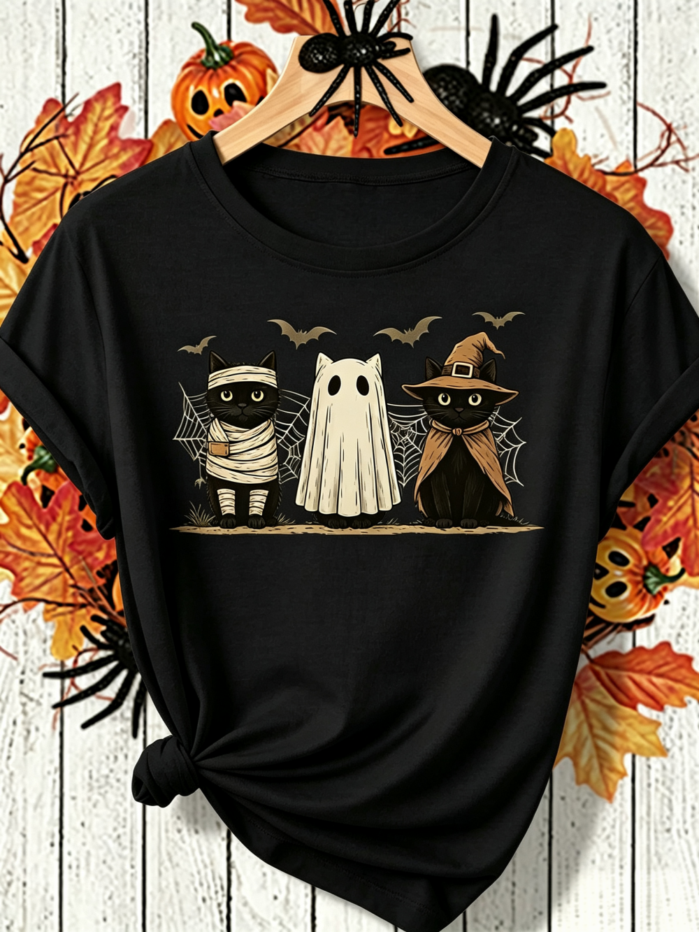 Halloween Cat Mummy Ghost Witch Graphic T-Shirt, Women's Spooky Three Cats with Bats Spider Web Short Sleeve Tee