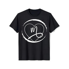 Women's Casual Elegant Black T-Shirt - White Heart & Stylized 'M' Graphic Design, Short Sleeve Round Neck, Machine Washable, All-Season Versatile Top, Casual Attire, Minimalist Design, Comfortable Fit