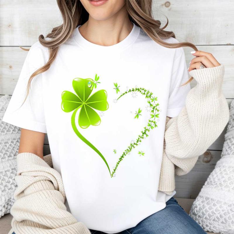 Crew Neck T Shirt  Four Leaf Clover Heart Design St Patrick's Day Celebration