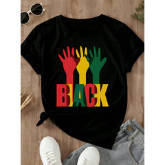Black T Shirt With Red Yellow Green Hands And Black History Month Text For Celebrating Black History Month Events