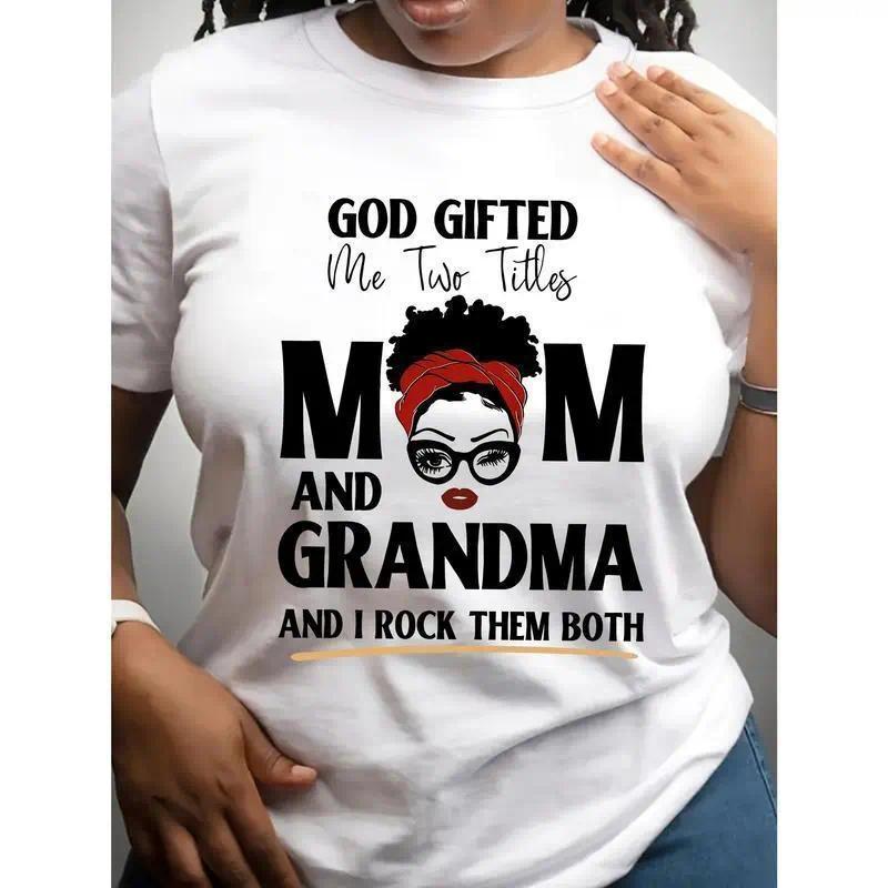 Women'S Casual Crew Neck T-Shirt with "God Gifted Me Two Titles Mom and Grandma" Letter Print, 100%25 Knit Fabric, Short Sleeve Top for All Seasons - 180gsm