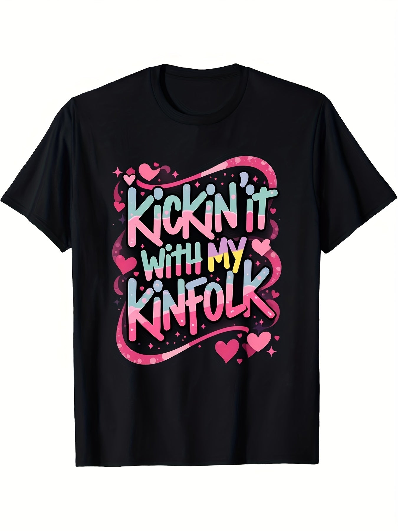 Kickin It With My Kinfolk Family Reunion Graphic T‑Shirt, Cute Heart Design Casual Short Sleeve Tee for Women