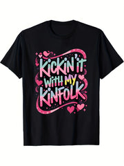 Kickin It With My Kinfolk Family Reunion Graphic T‑Shirt, Cute Heart Design Casual Short Sleeve Tee for Women