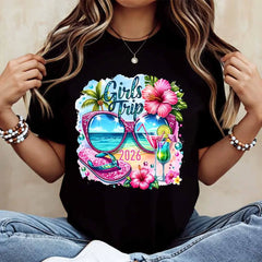 Tropical Sunglasses Flip Flops And Cocktail Print Neck T Shirt