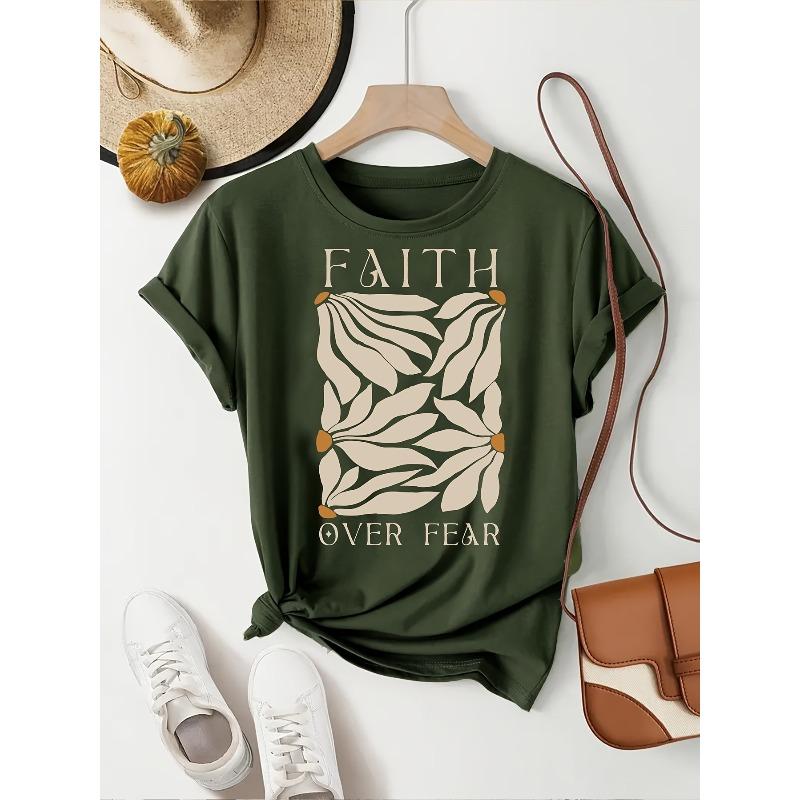 Casual Crew Neck Short Sleeve T-Shirt, Floral Pattern 100%cotton Summer Top for Women