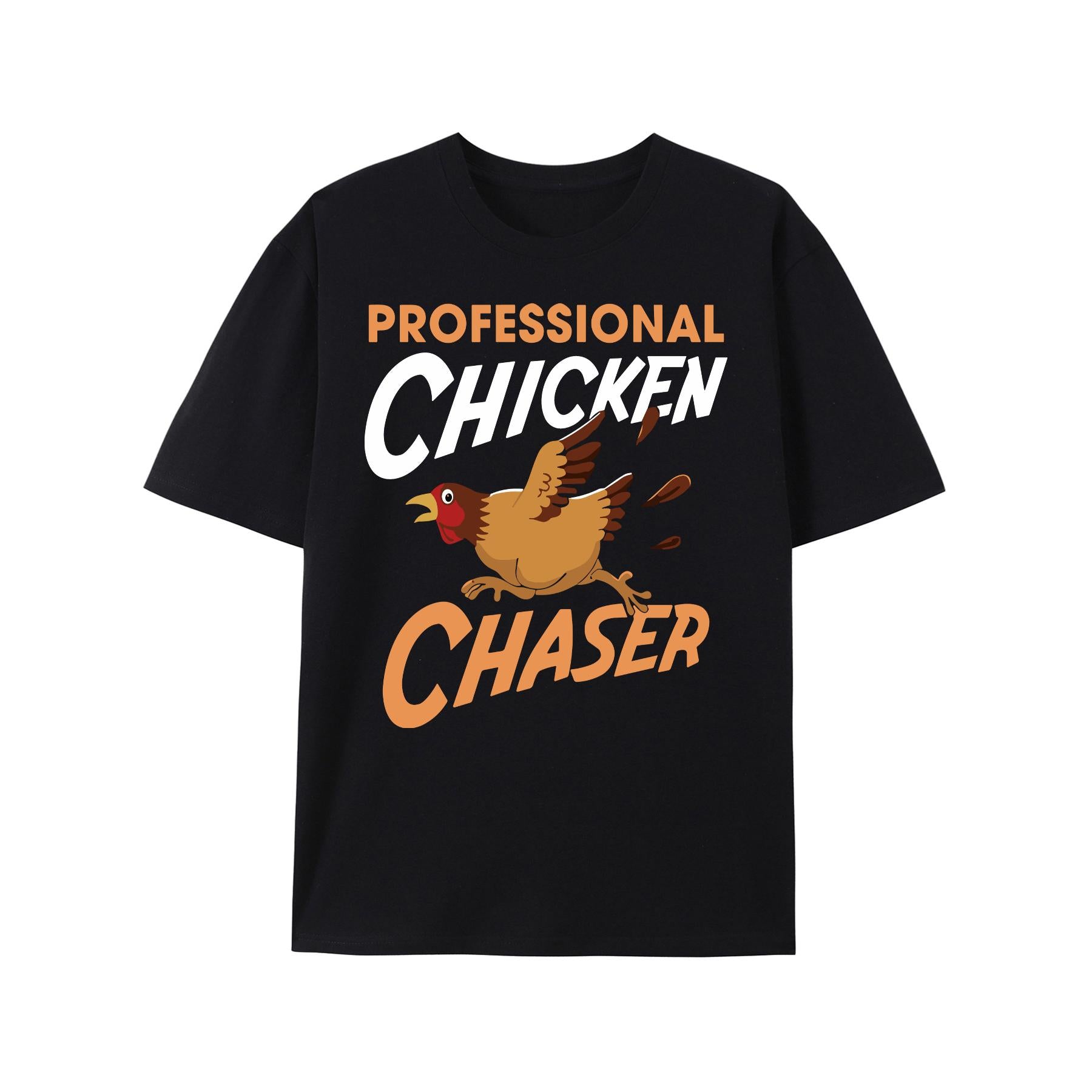 Men'S Stylish Black Short-Sleeve Shirt Featuring a 'Professional Chicken Chaser' Graphic Print