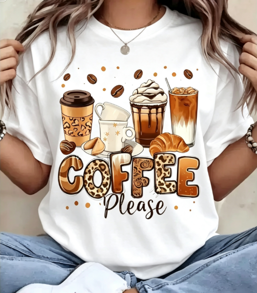 Women's Coffee Lover Graphic T-Shirt, Casual Short Sleeve Round Neck Top with Coffee Cup Beans and “COFFEE Please” Print