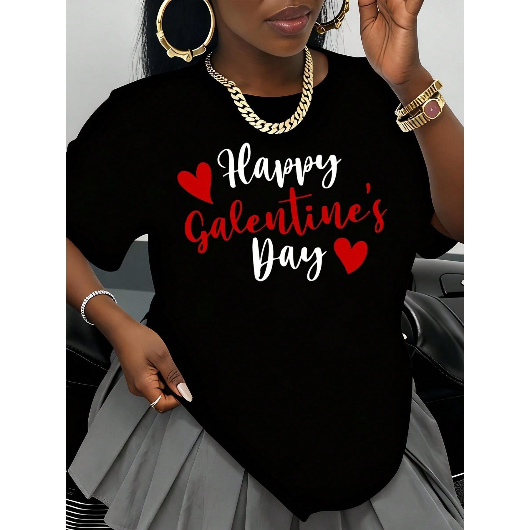 Happy Galentine's Day T-Shirt For Women Valentine's Day Gift Red Hearts Print Cute Feminine Top Party Outfit Fashion Statement Shirt