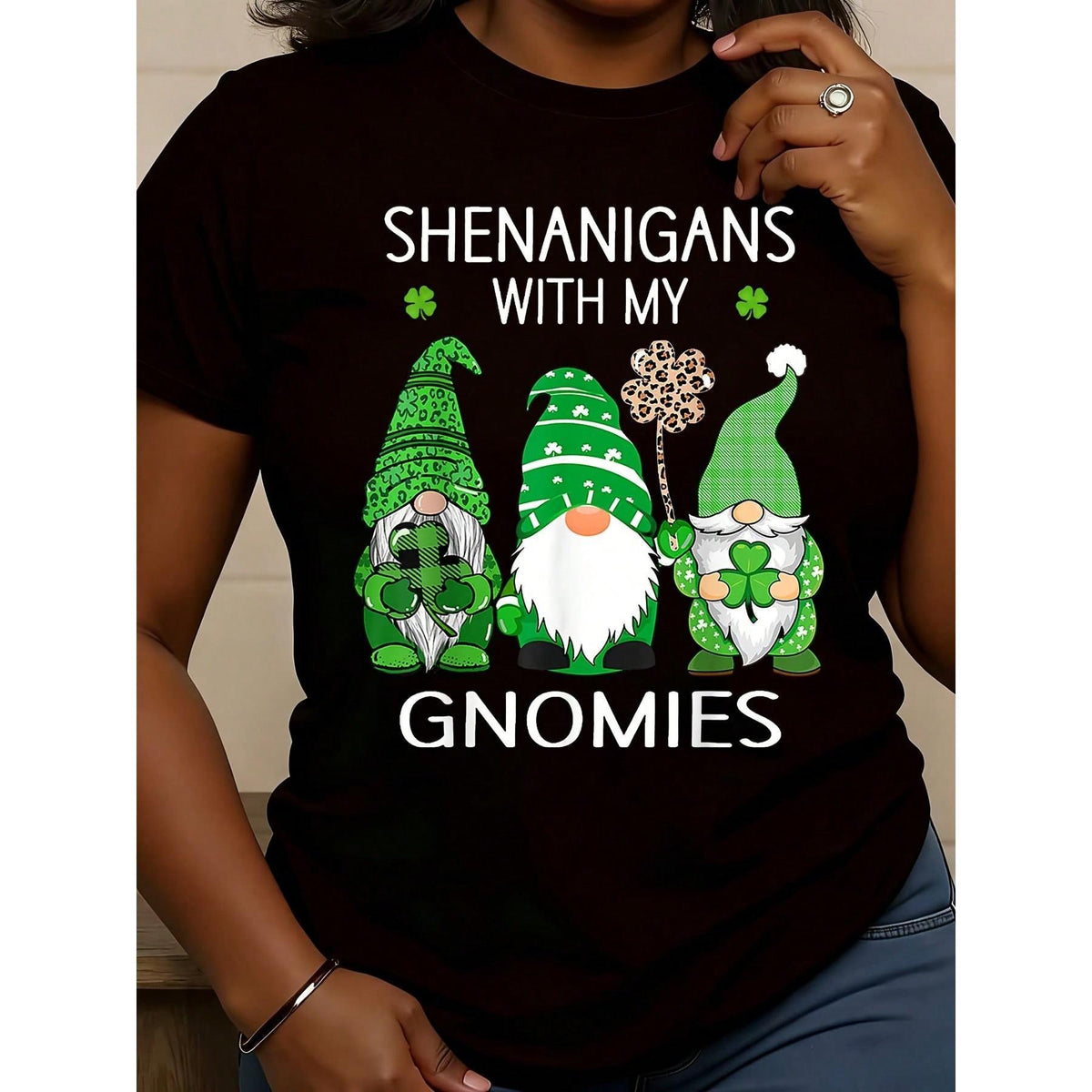 Shenanigans With My Gnomies St Patrick's Day Gnome Print,Women's Plus Size Casual Crew Neck T-Shirt,St. Patrick's Day Outfits, Fun Patterned Tops For Festivals And Celebrations, Women's Clothing