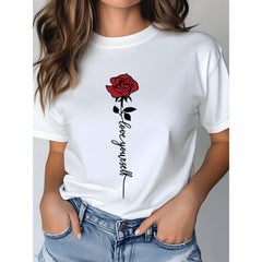 Red Rose Graphic Print T-Shirt For Women Casual Short Sleeve Tee 1 Pcs 100% Heavy Cotton - Comfortable Crew Neck, Soft Adorable Tees Tops
