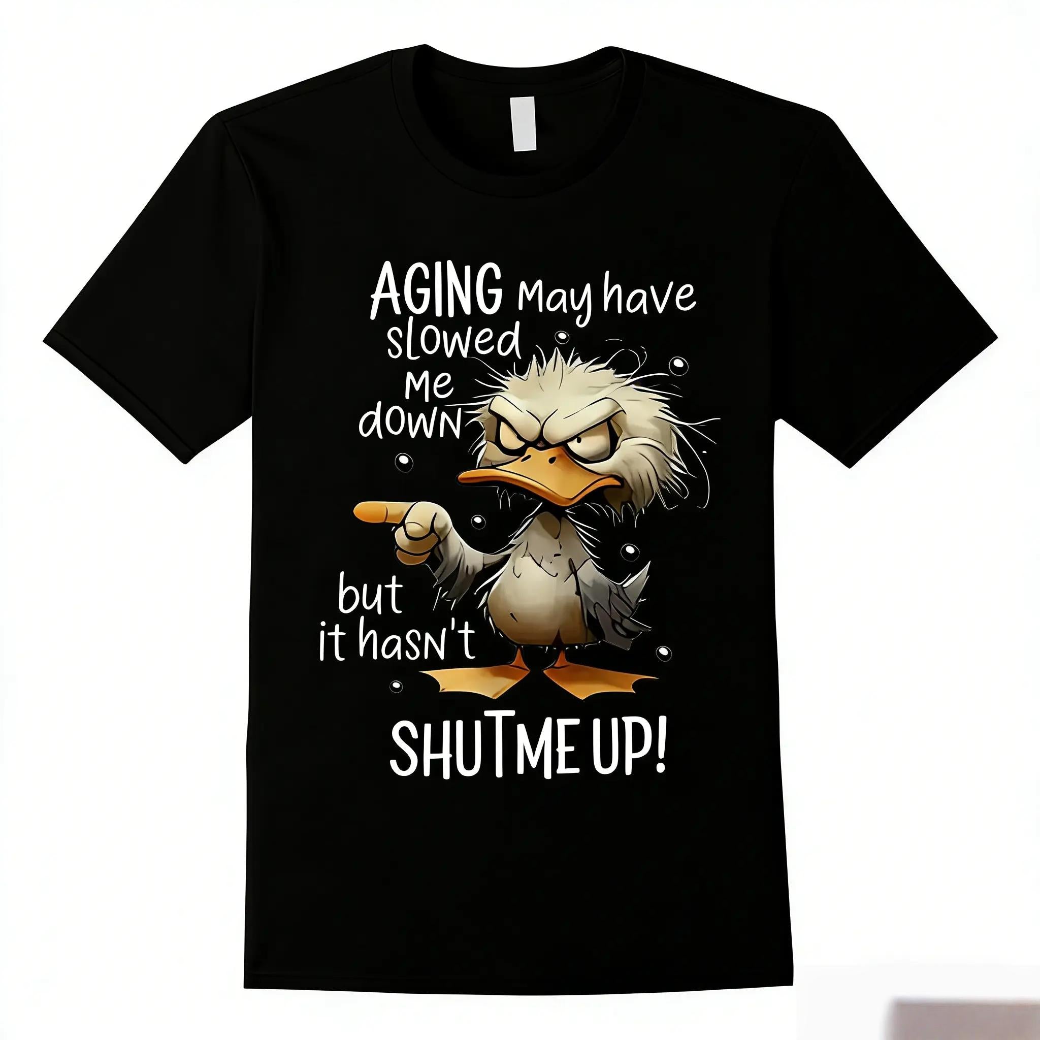 100% Cotton T-Shirt with Duck Graphic Print & Humorous Slogan - Breathable Loose Fit Round Neck Short Sleeve Tee for Casual Wear, Outdoor Sports, Holiday Gift, Allseason Apparel |     Cartoon Design |     Knit Construction