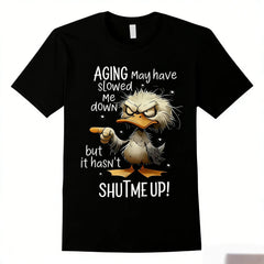 100% Cotton T-Shirt with Duck Graphic Print & Humorous Slogan - Breathable Loose Fit Round Neck Short Sleeve Tee for Casual Wear, Outdoor Sports, Holiday Gift, Allseason Apparel |     Cartoon Design |     Knit Construction