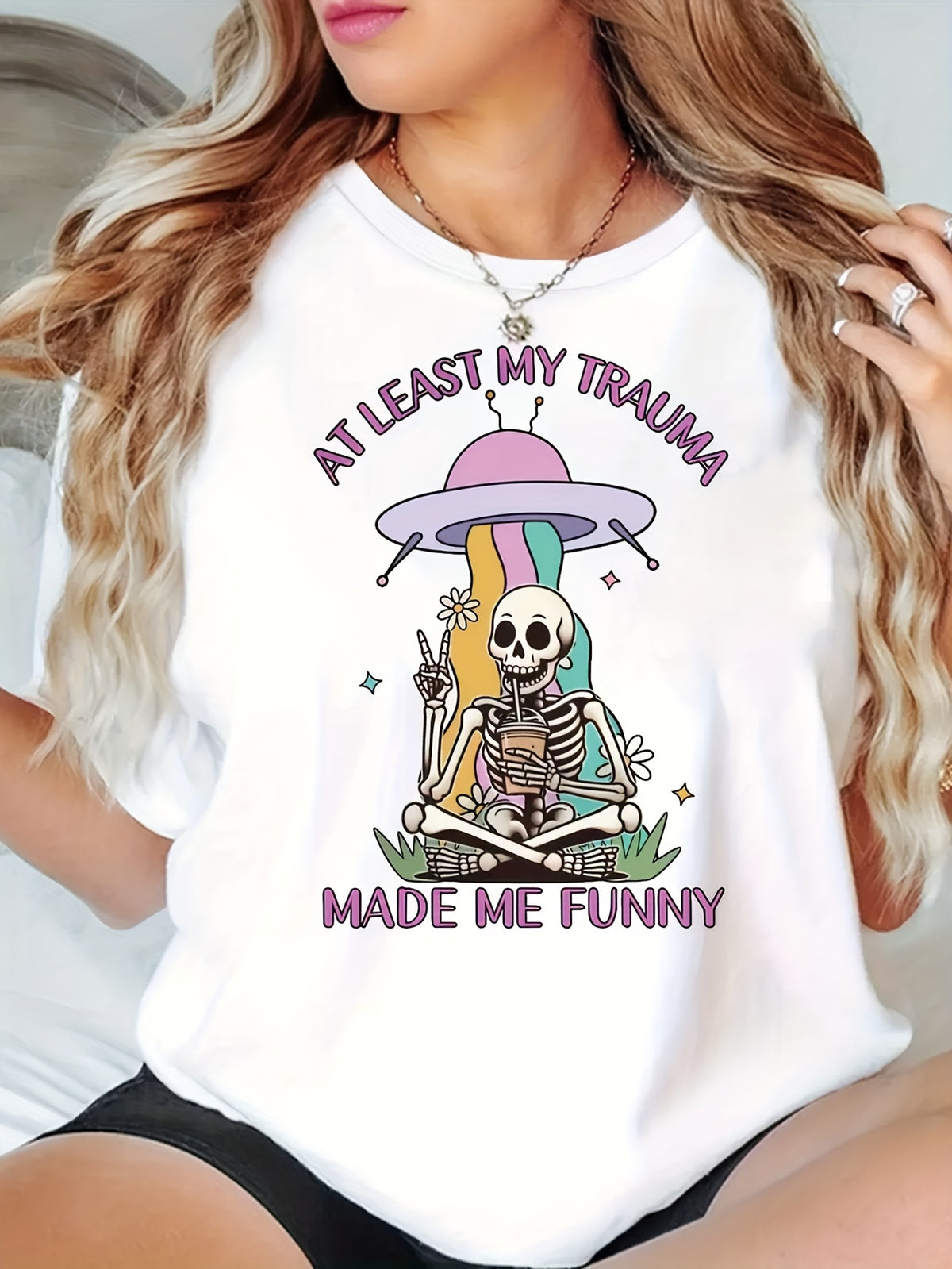 At Least My Trauma Made Me Funny Skeleton UFO Graphic T-Shirt, Women's Funny Sarcastic Alien Short Sleeve Tee