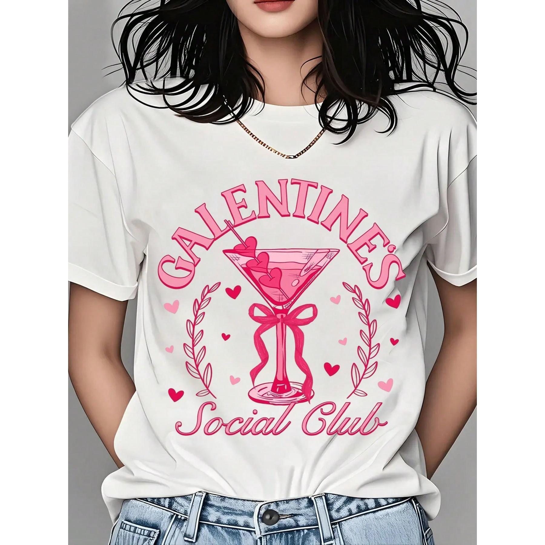 Galentine's Day T-Shirt For Women - Pink Martini Design With Hearts And Laurel Wreath, Galentine's Social Club Graphic Tee, Perfect For Valentine's Day Party, Galentine's Celebration, Friends Gift, Casual Wear