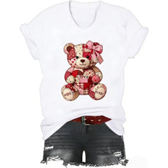 Cute Teddy Bear Shirt, Valentines Day Teddy Bear T-Shirt, Patchwork Love Crew-Neck Tshirt