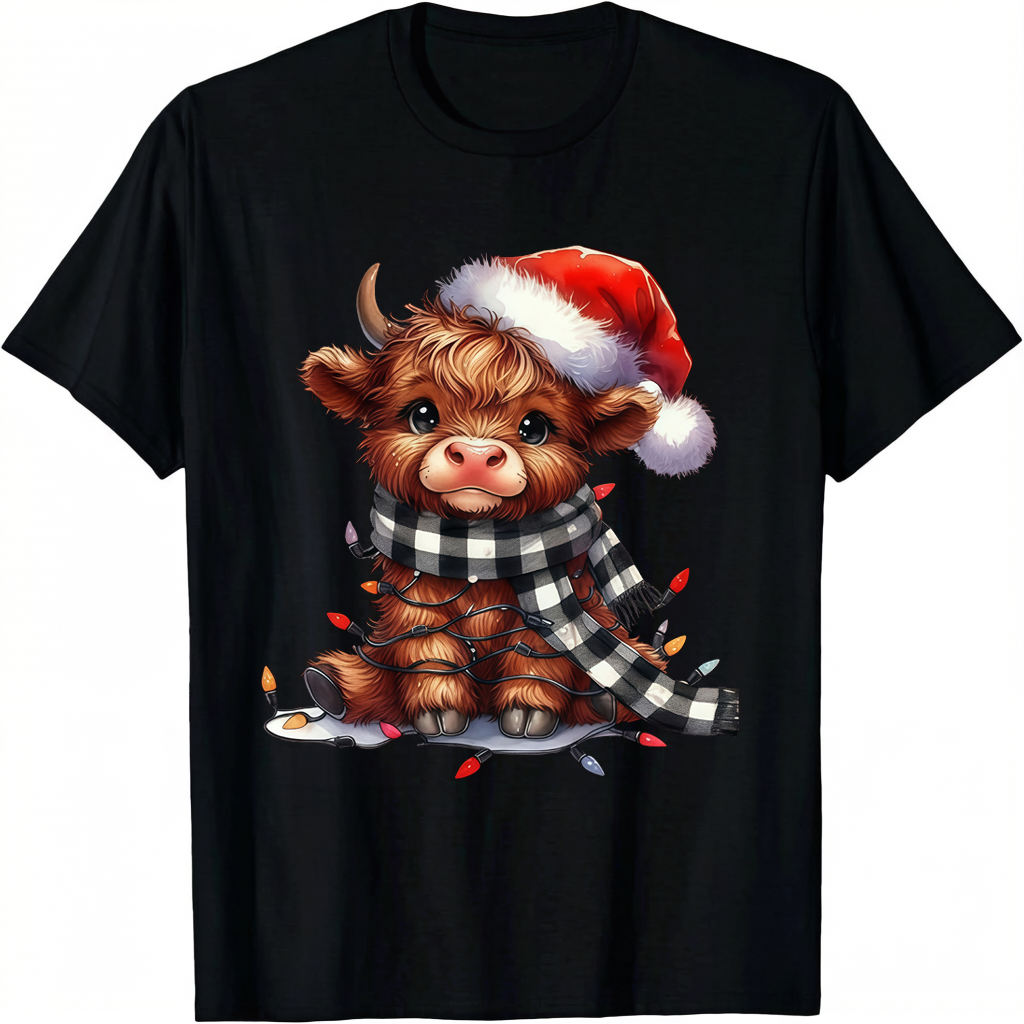 Christmas Bull Cow T-Shirt Women's Festive Santa Hat Plaid Scarf Holiday Graphic Tee Cute Animal Christmas Shirt For Women And Men