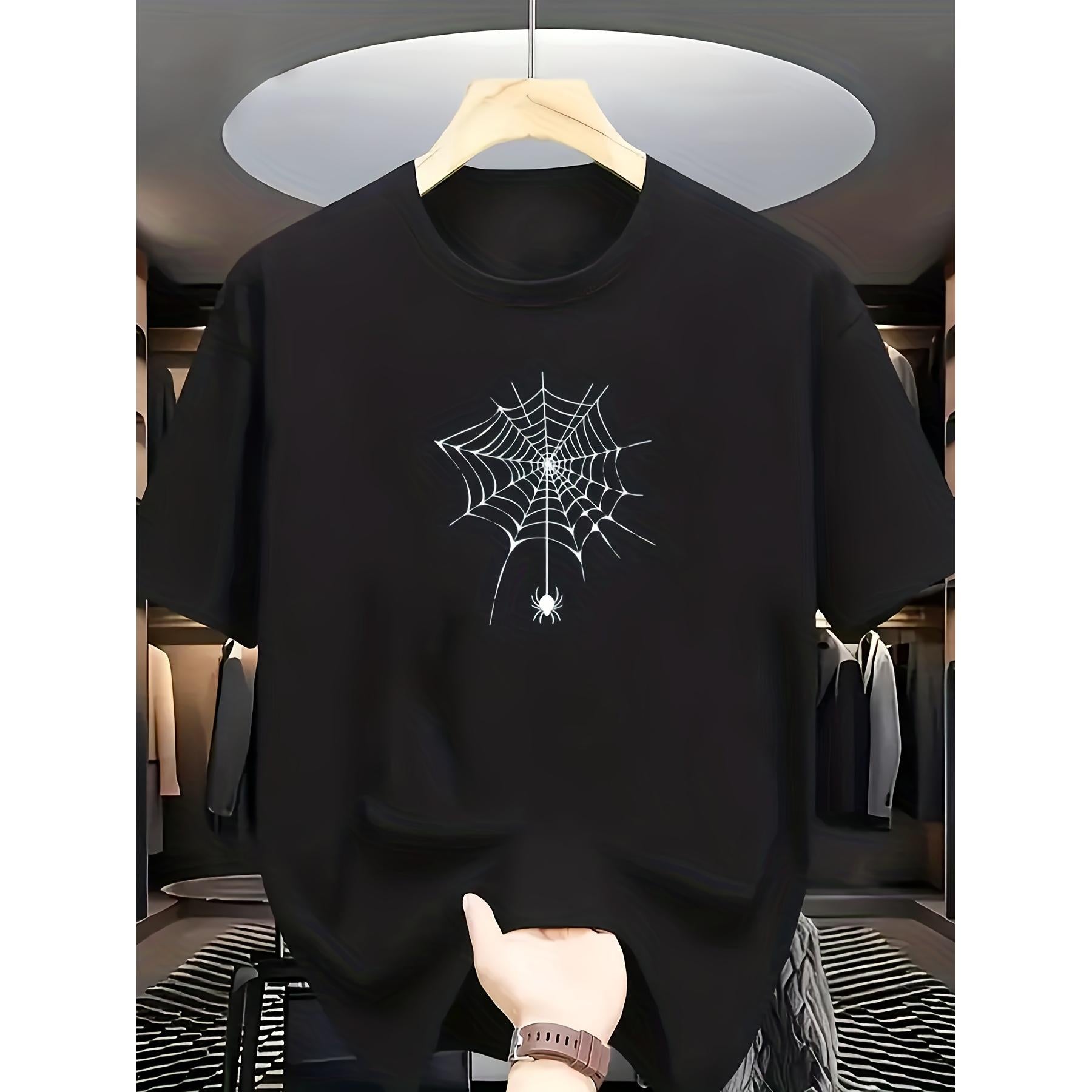 Gothic Spider Web & Spider Print T-Shirt - White Casual Short Sleeve Round Neck Tee with Black & Grey Web Design, Edgy Dark Theme Summer Top