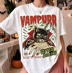 Vampire Cat Retro Halloween Graphic T-Shirt, Funny Spooky Vampurr Bites Again Tee, Cute Gothic Cat Casual Crew Neck Halloween Top