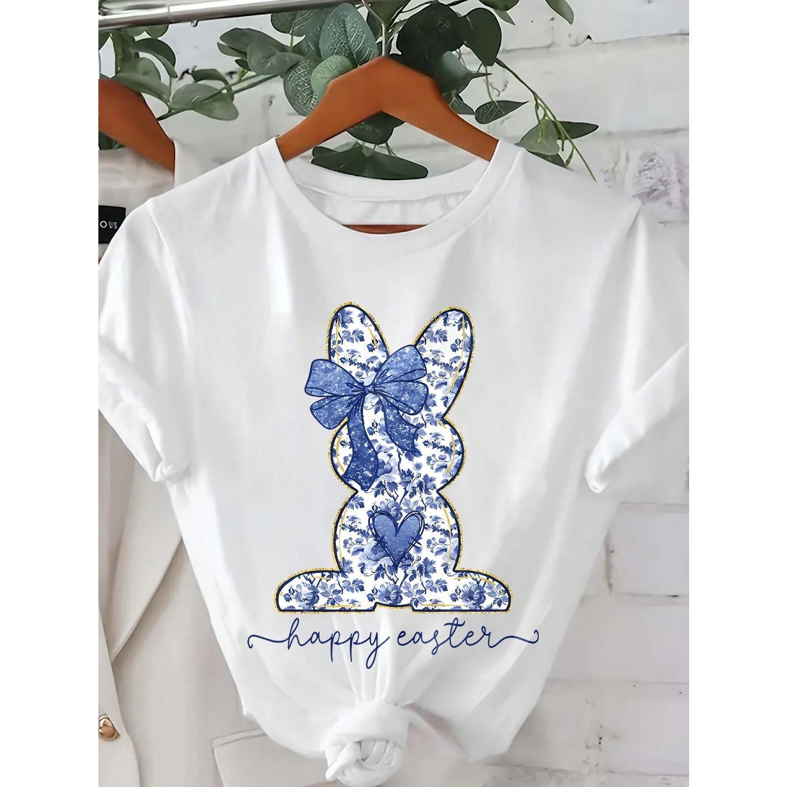 Happy Easter Graphic Tee, Round Neck Short Sleeve Printed Casual Top For Women