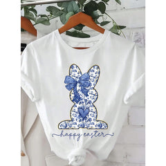 Happy Easter Graphic Tee, Round Neck Short Sleeve Printed Casual Top For Women