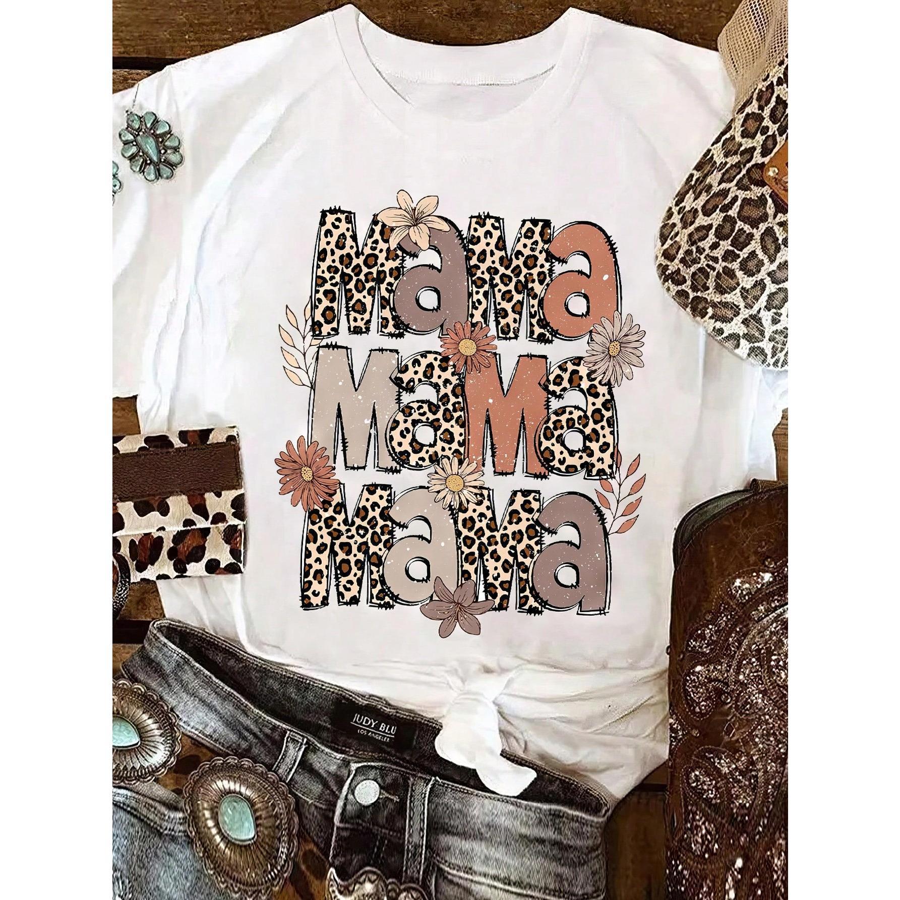 Leopard MAMA Flower Print Women's Solid Color Oversize Round Neck Short Sleeve Simple Tops Daily Casual Summer Modest Tops Casual Women T-Shirt Summer Shirts White