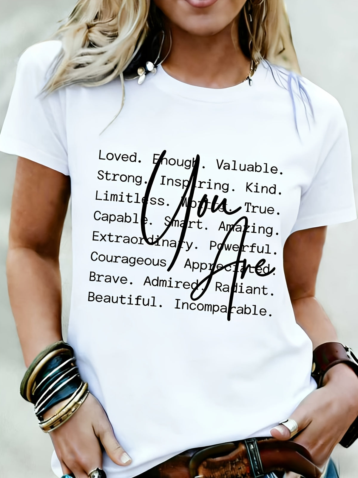 Women's Short Sleeve T-Shirt with "You Are Loved & Valued" Quote - Round Neck Casual Blouse Top, Suitable for Daily Wear, Confidence-Boosting Motivational Clothing